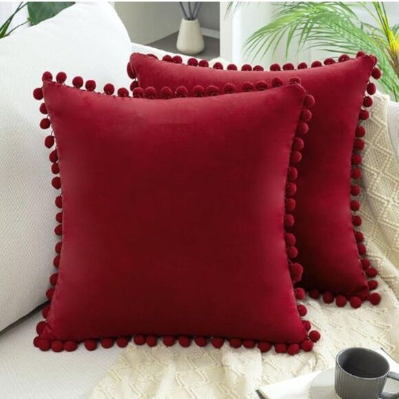 Boho Red/Green  Velvet Soft Decorative Throw Pillow Covers w/Tassels Fringe Set - Picture 3 of 6